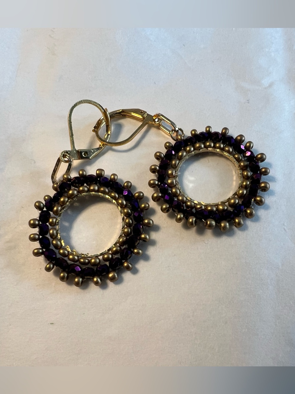 Gold and Purple Beaded Circle Drop Earrings